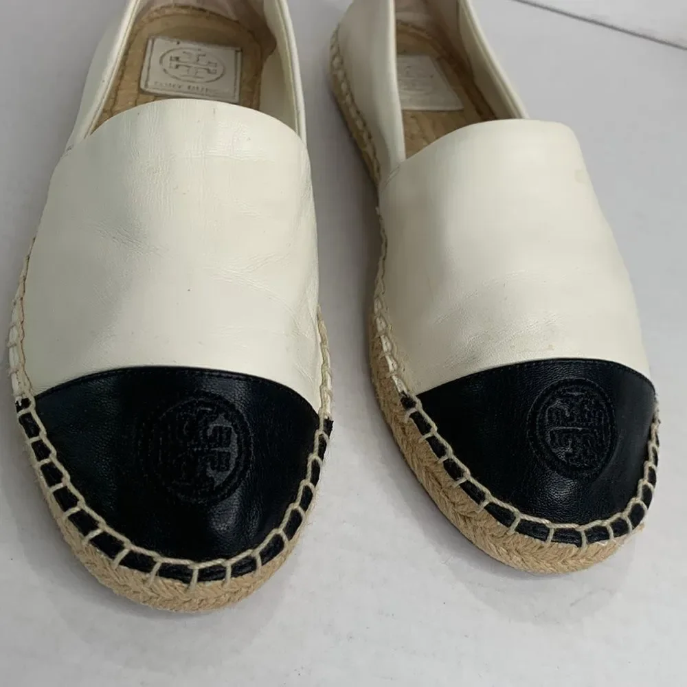Tory Burch black/white leather color block cap toe espadrille flats